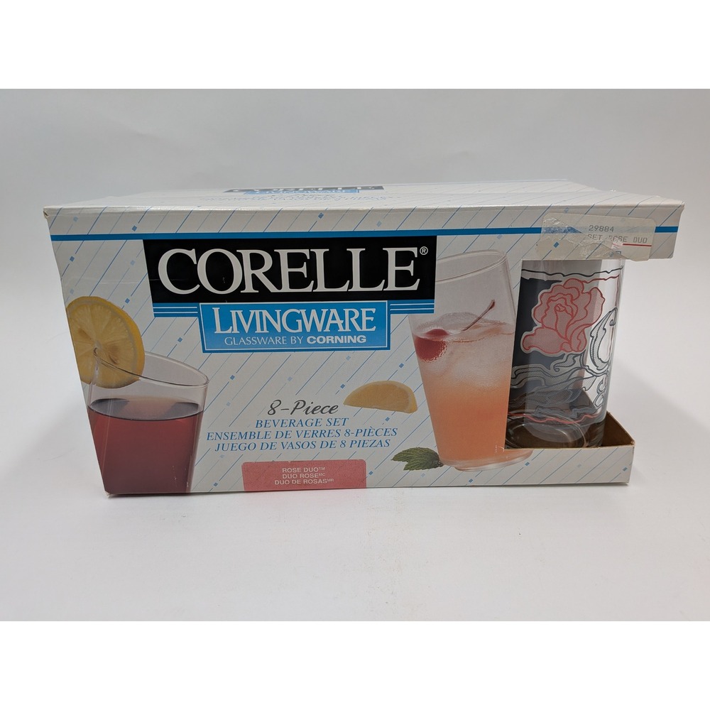 Corelle Livingware Rose Duo Glassware by Corning 8 Piece Beverage Set Vintage